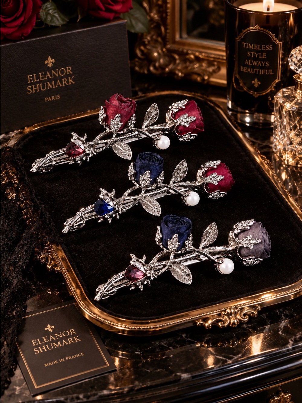 Eleanor ShuMark Rose Hair Clip Set of 3 Faux Pearl Ladybug Made in France NWT